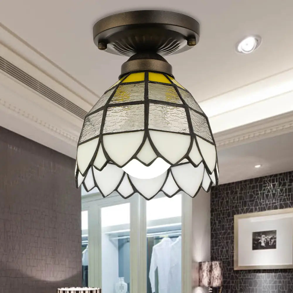 Vintage Stained Glass Domed Flush Mount Light Fixture For Bedroom Clear