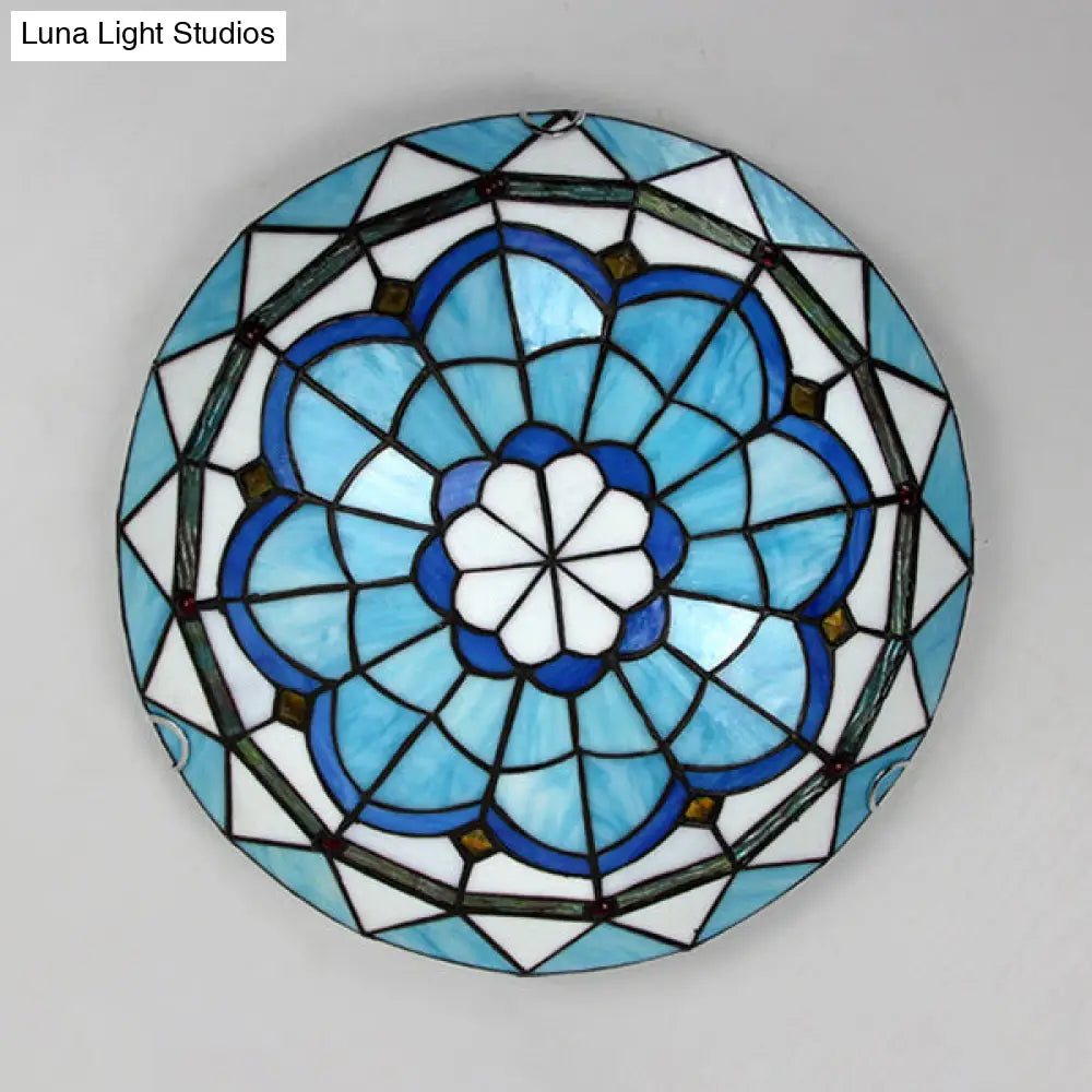 Vintage Stained Glass Flush Mount Ceiling Light In Blue - 12/16 Bowl Shape