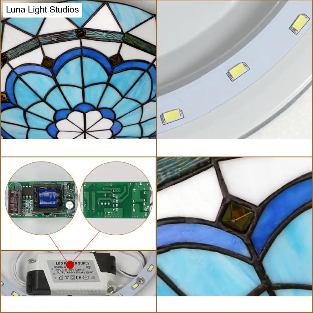Vintage Stained Glass Flush Mount Ceiling Light In Blue - 12/16 Bowl Shape
