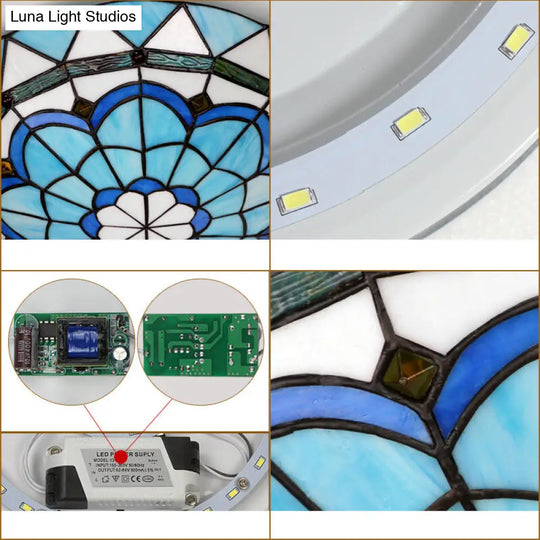 Vintage Stained Glass Flush Mount Ceiling Light In Blue - 12/16 Bowl Shape
