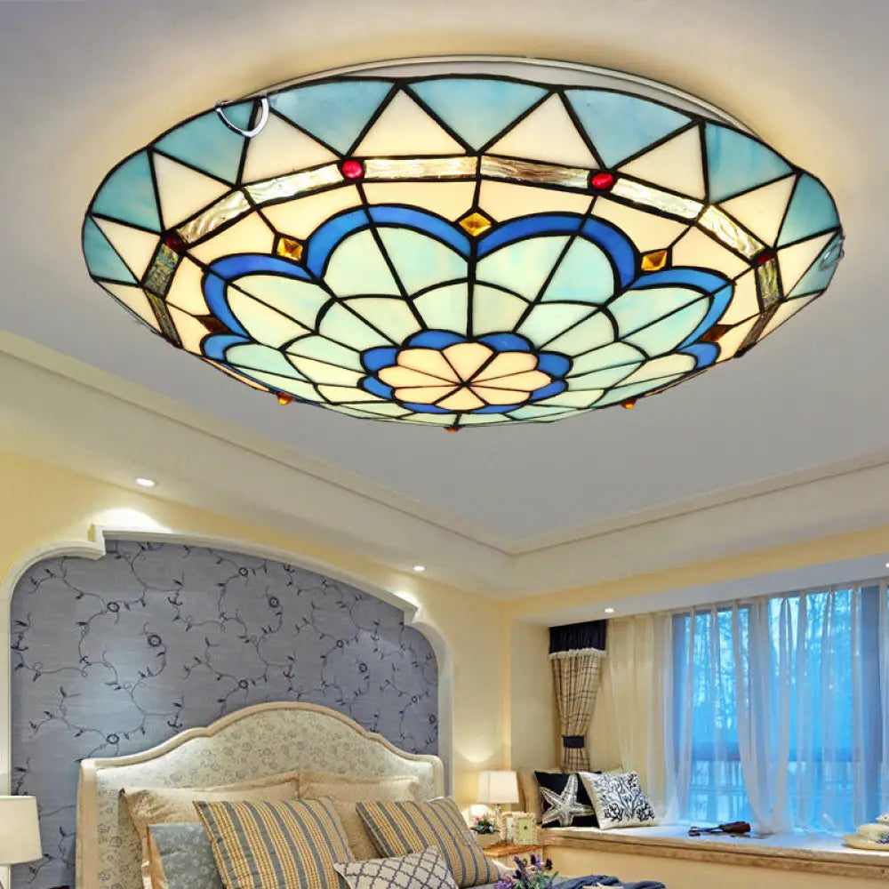 Vintage Stained Glass Flush Mount Ceiling Light In Blue - 12’/16’ Bowl Shape / 12’