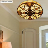Vintage Stained Glass Flushmount Ceiling Light With Peacock Tail Pattern In Beige - 2 Lights
