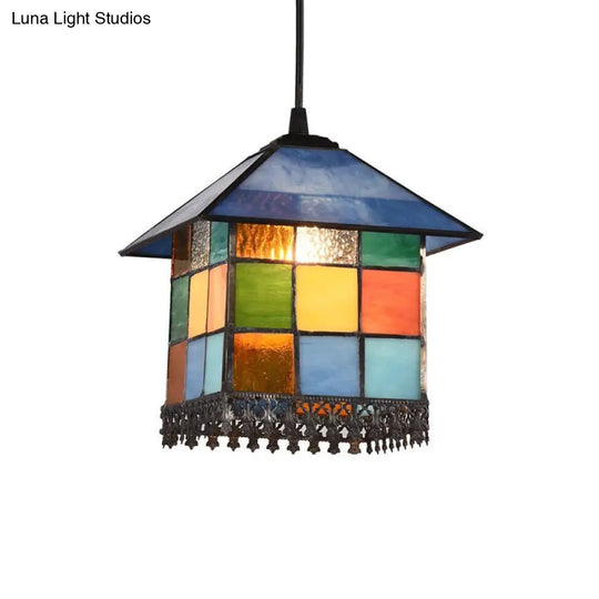 Vintage Stained Glass House Shade Pendant Ceiling Light With 1-Light Suspension