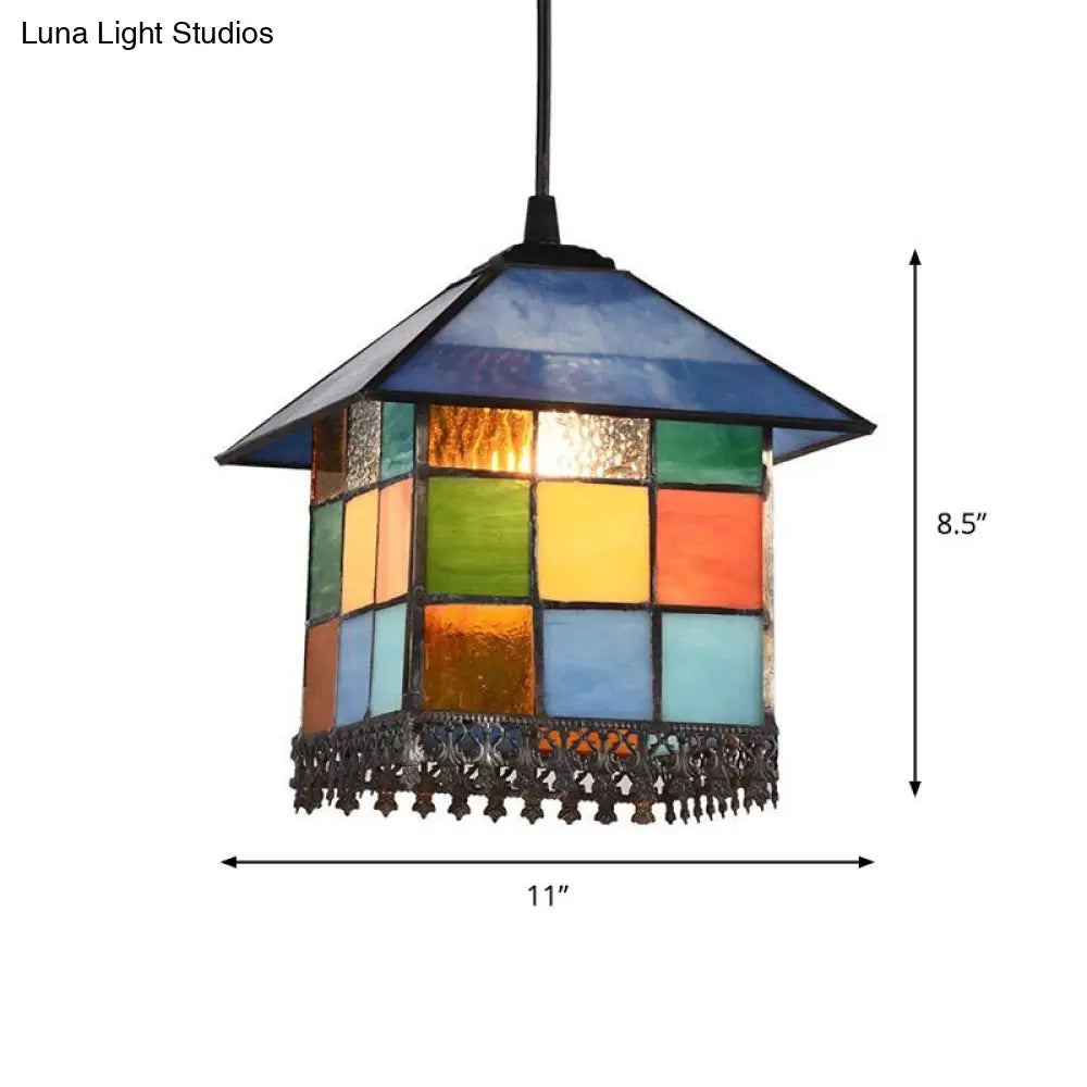 Vintage Stained Glass Pendant Ceiling Light With House Shade 1-Light Suspension Lighting