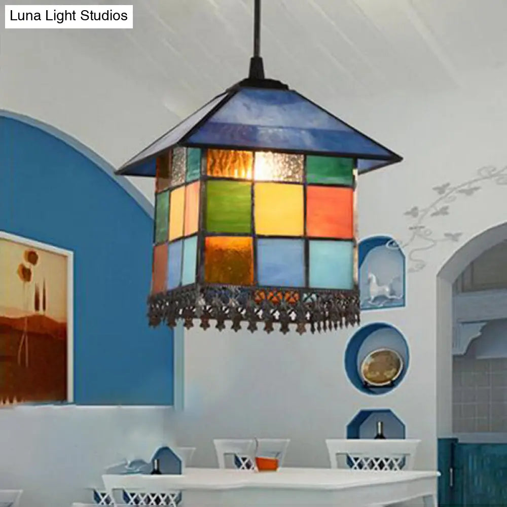 Vintage Stained Glass Pendant Ceiling Light With House Shade 1-Light Suspension Lighting Blue