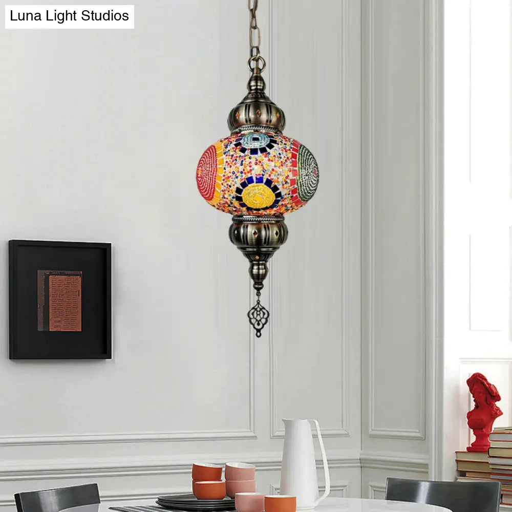 Vintage Stained Glass Pendant Lamp - Red/Orange/Green Oval Single Head Suspension Lighting