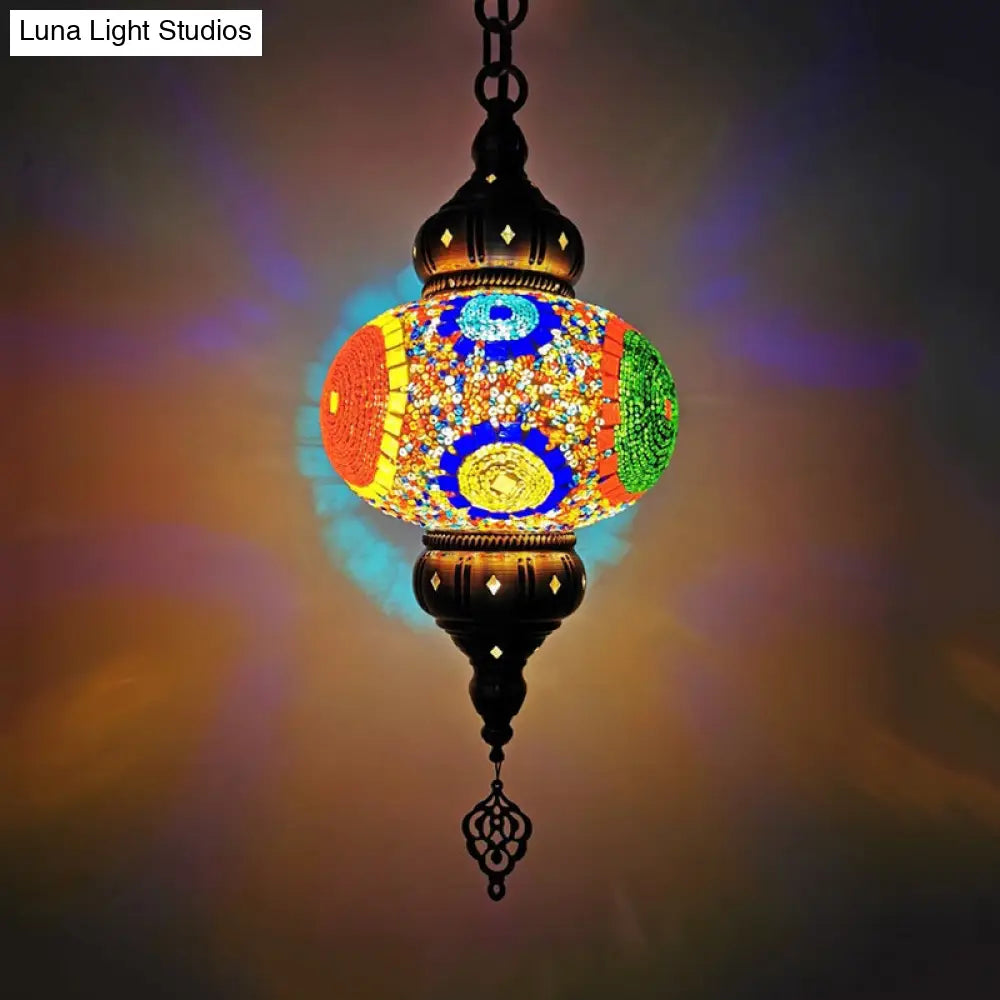 Vintage Stained Glass Pendant Lamp - Red/Orange/Green Oval Single Head Suspension Lighting