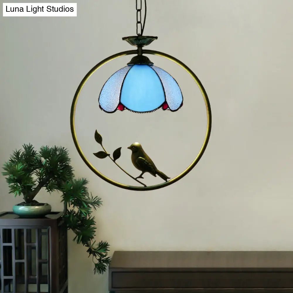 Vintage Stained Glass Pendant Light With Scalloped Dome For Single-Bulb Ceiling Hanging Blue / B