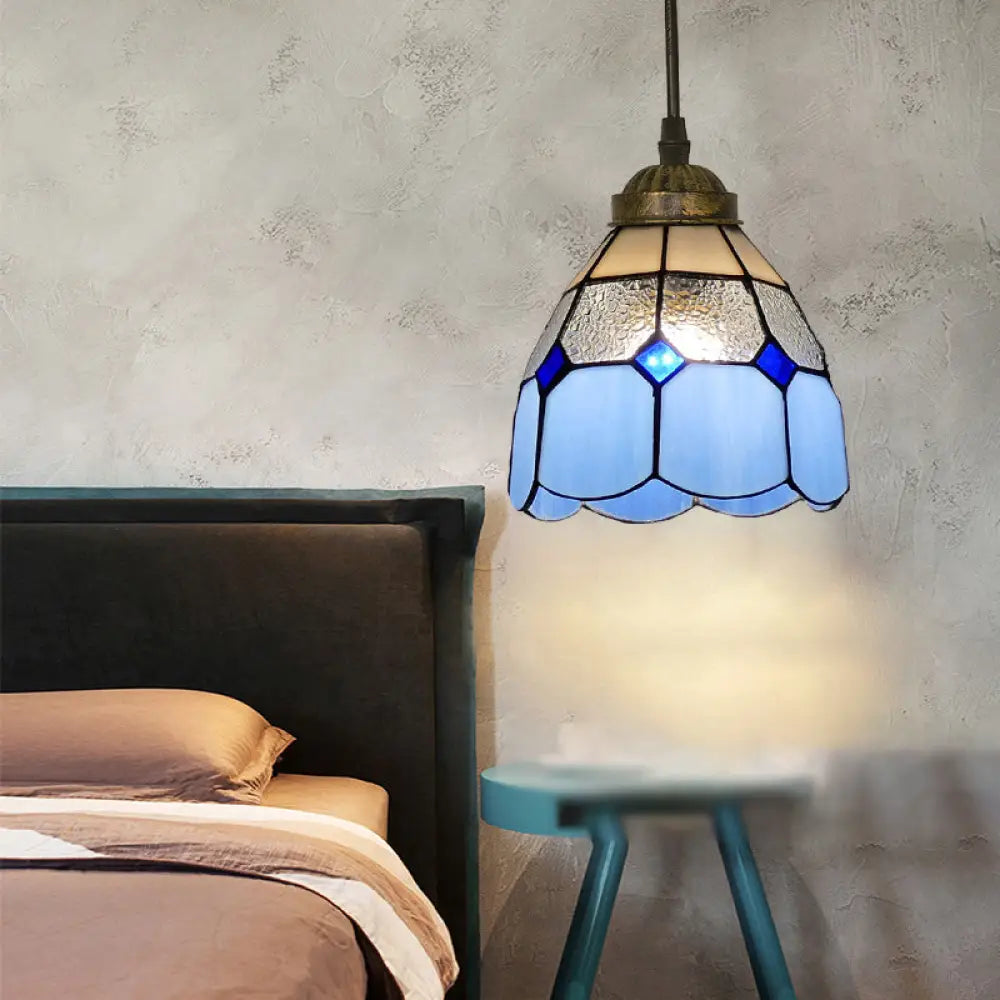 Vintage Stained Glass Pendant Light With Scalloped Dome Design Ocean Blue / A