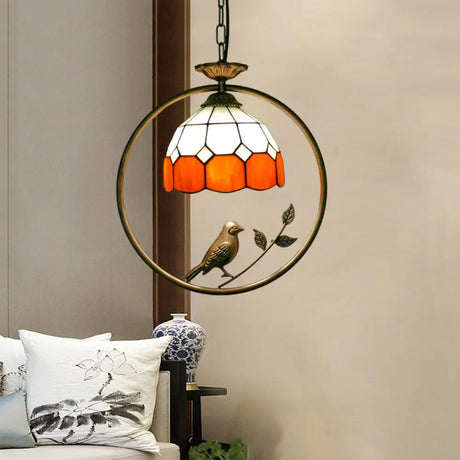 Vintage Stained Glass Pendant Light With Scalloped Dome Design Orange / B