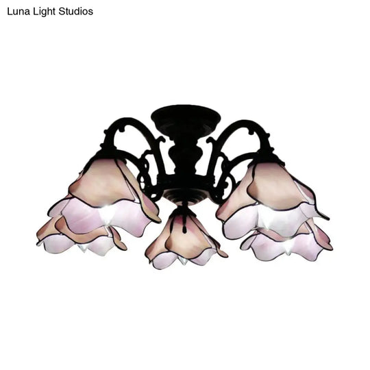 Vintage Stained Glass Petal Chandelier Lamp: 3/5 Bulbs Living Room Ceiling Light In Pink 5 /