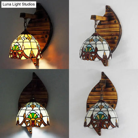 Vintage Stained Glass Wall Sconce In Beige/Blue For Corridors