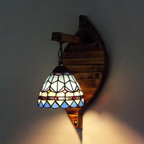 Vintage Stained Glass Wall Sconce In Beige/Blue For Corridors Blue