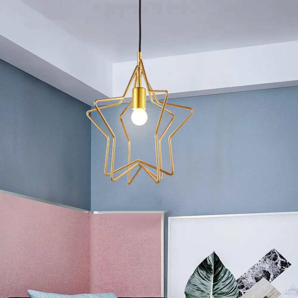 Vintage Star Cage Gold Hanging Light For Dining Room - Single-Bulb Ceiling Lamp