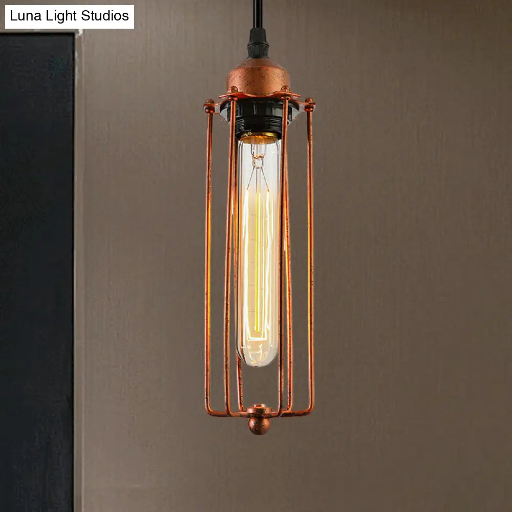 Vintage-Style 1-Bulb Dark Rust Tube Pendant Lighting With Wire Guard For Kitchen