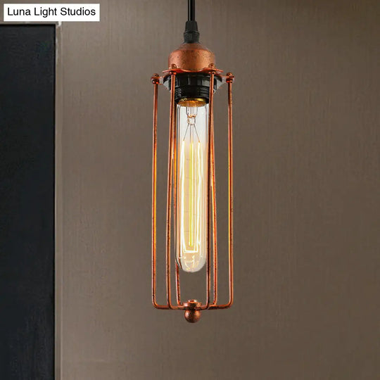 Vintage-Style 1-Bulb Dark Rust Tube Pendant Lighting With Wire Guard For Kitchen