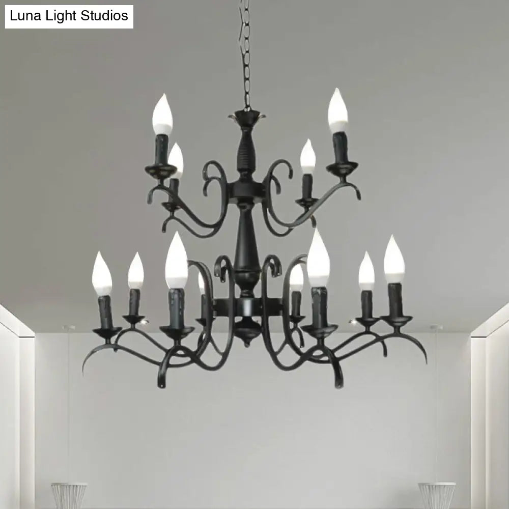 Vintage Style 3/5-Head Flameless Candle Chandelier - Black Metallic Hanging Lamp For Living Room