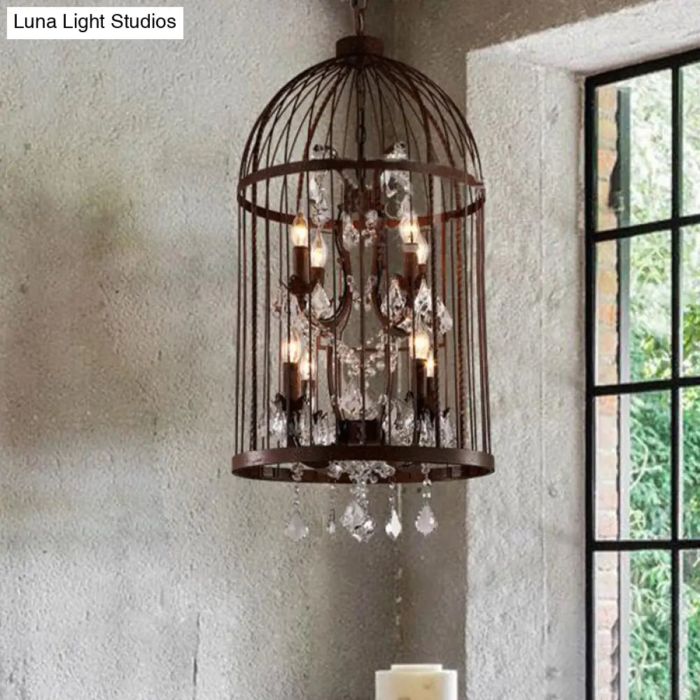 Vintage Style 4-Head Birdcage Chandelier in Black/White/Rust Iron – Elegant Hanging Lamp with Candle and Crystal Deco
