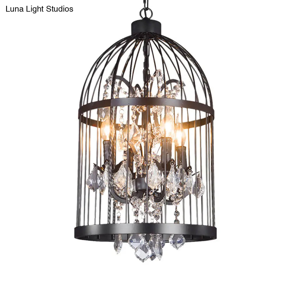 Vintage Style 4-Head Birdcage Chandelier in Black/White/Rust Iron – Elegant Hanging Lamp with Candle and Crystal Deco