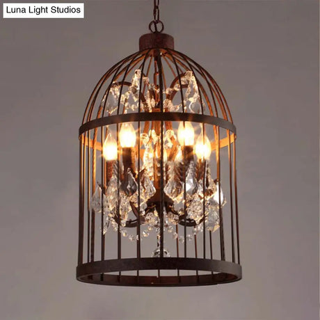 Vintage Style 4-Head Birdcage Chandelier in Black/White/Rust Iron – Elegant Hanging Lamp with Candle and Crystal Deco