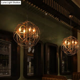Vintage Style 4-Head Ceiling Chandelier With Iron Globe Cage Shade In Antique Brass For Dining Room