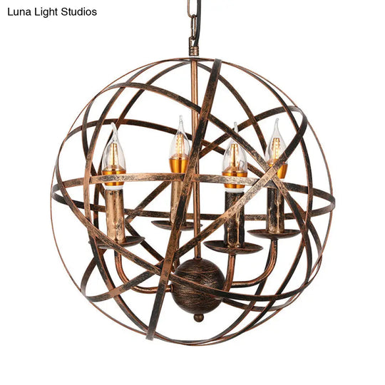 Vintage Style Antique Brass Chandelier Light Fixture- 4-Head Ceiling With Iron Globe Cage Shade -