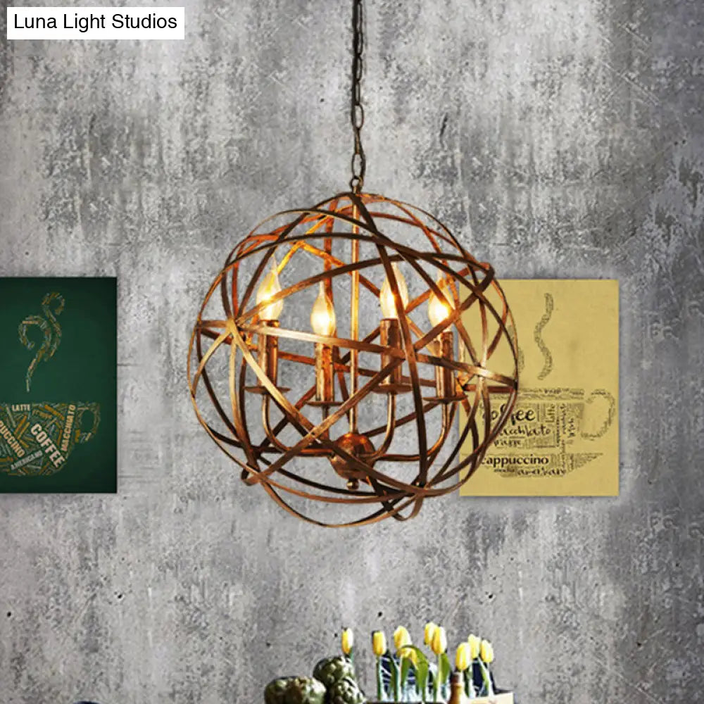 Vintage Style Antique Brass Chandelier Light Fixture- 4-Head Ceiling With Iron Globe Cage Shade -