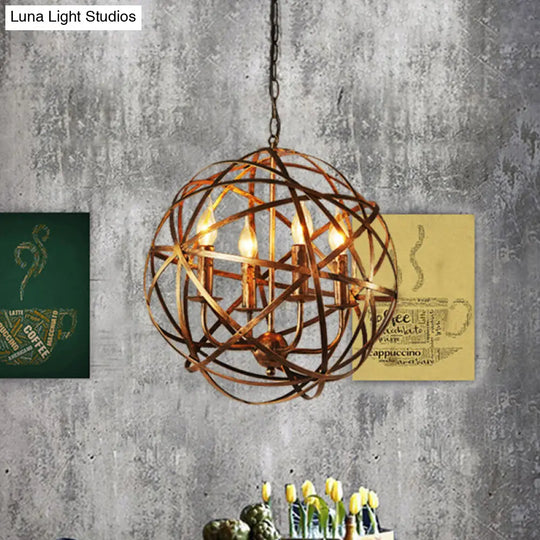 Vintage Style Antique Brass Chandelier Light Fixture- 4-Head Ceiling With Iron Globe Cage Shade -