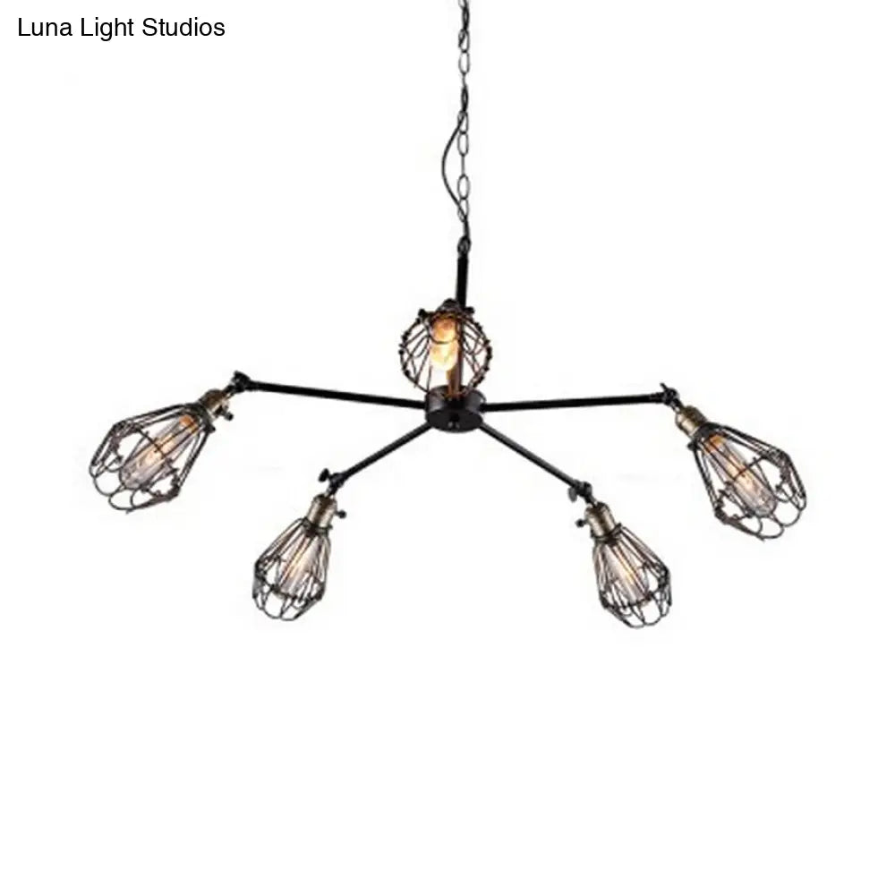 Antique-Style Iron 5-Light Black Pendant Chandelier - Mini Cage Dining Room Ceiling Fixture