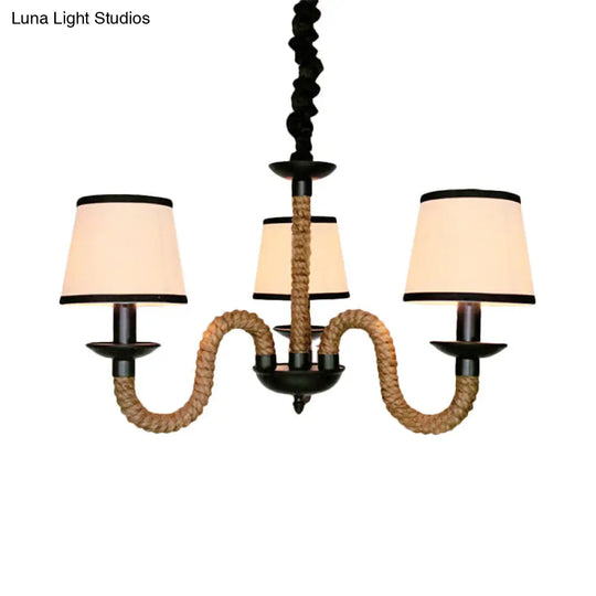 Vintage Style Hanging Chandelier With 3 Bell/Cone Lights Beige Fabric Shade & Rope Detail