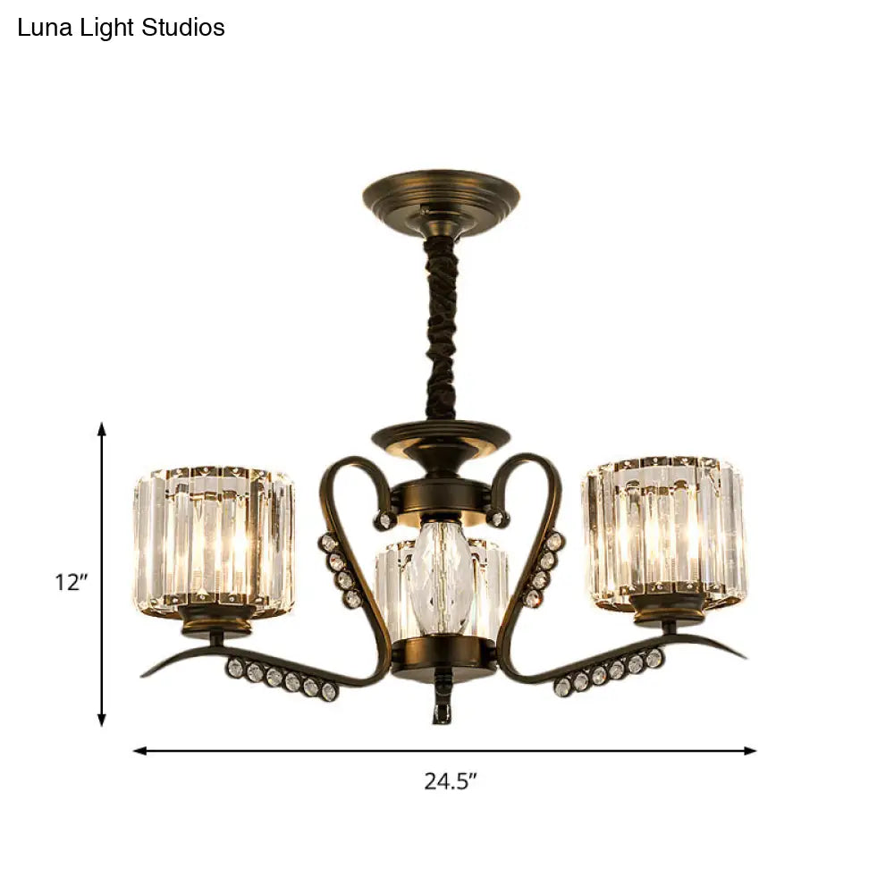 Vintage Style Black Crystal Drum Chandelier - 3/5 Head Suspension Lamp For Dining Room