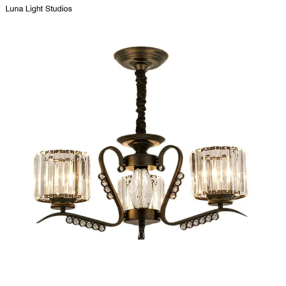 Vintage Style Black Crystal Drum Chandelier - 3/5 Head Suspension Lamp For Dining Room