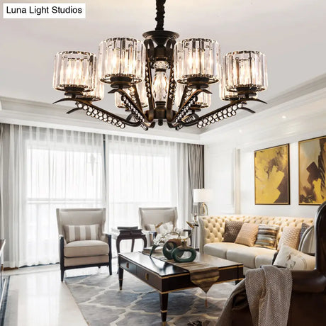 Vintage Style Black Crystal Drum Chandelier - 3/5 Head Suspension Lamp For Dining Room