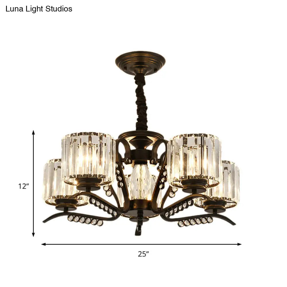 Vintage Style Black Crystal Drum Chandelier - 3/5 Head Suspension Lamp For Dining Room