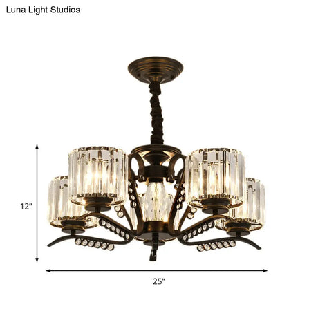 Vintage Style Black Crystal Drum Chandelier - 3/5 Head Suspension Lamp For Dining Room
