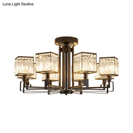 Vintage Style Black Square Metal Ceiling Light Fixture With Crystal Prism - 4/6/8 Lights Ideal For