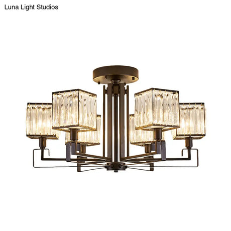 Vintage Style Black Square Metal Ceiling Light Fixture With Crystal Prism - 4/6/8 Lights Ideal For