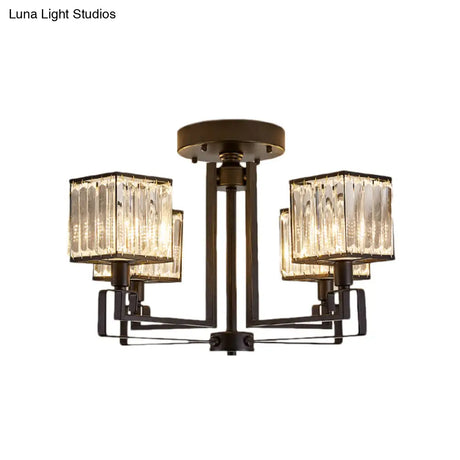 Vintage Style Black Square Metal Ceiling Light Fixture With Crystal Prism - 4/6/8 Lights Ideal For