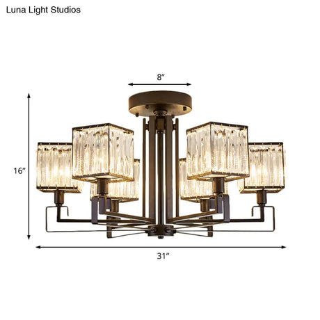 Vintage Style Black Square Metal Ceiling Light Fixture With Crystal Prism - 4/6/8 Lights Ideal For