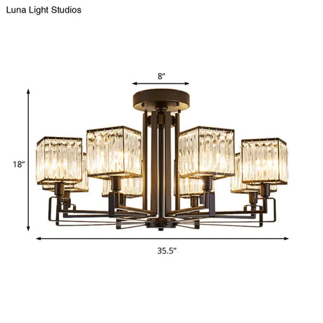 Vintage Style Black Square Metal Ceiling Light Fixture With Crystal Prism - 4/6/8 Lights Ideal For
