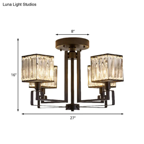 Vintage Style Black Square Metal Ceiling Light Fixture With Crystal Prism - 4/6/8 Lights Ideal For