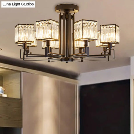 Vintage Style Black Square Metal Ceiling Light Fixture With Crystal Prism - 4/6/8 Lights Ideal For