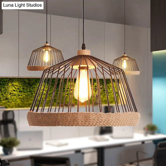 Vintage Style Black Wire Cage Ceiling Fixture - Rustic Iron Pendant With Rope For Kitchen Lighting