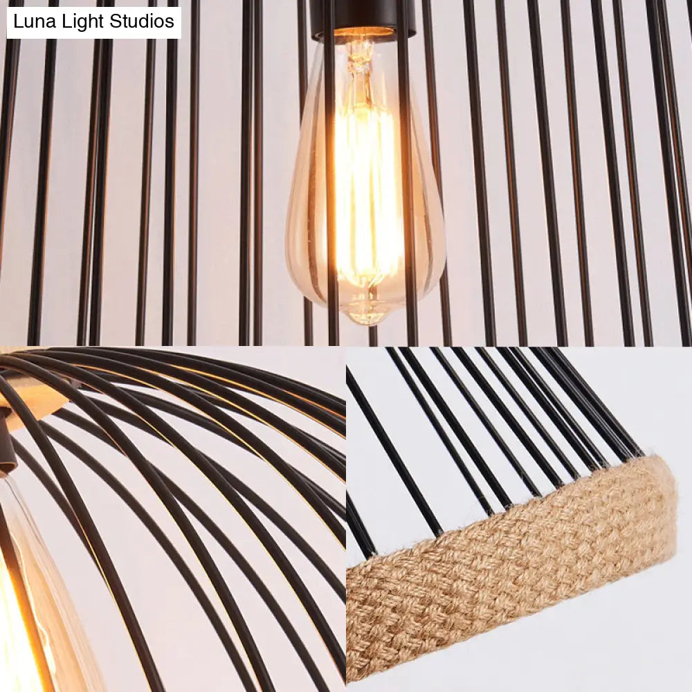 Vintage Style Black Wire Cage Ceiling Fixture - 1 Light Kitchen Hanging Lamp With Rope