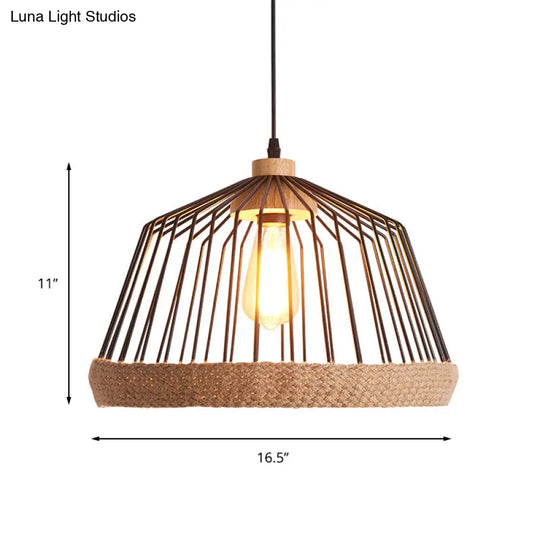 Vintage Style Black Wire Cage Ceiling Fixture - Rustic Iron Pendant With Rope For Kitchen Lighting