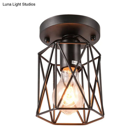 Vintage Style Black Wire Cage Semi Flush Light Ceiling Mounted Fixture For Kitchen