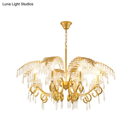 Vintage Style Branch Chandelier With Metal & Crystal Lights Leaf Design In Gold