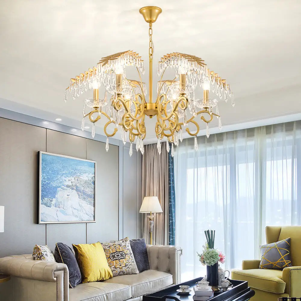 Vintage Style Branch Chandelier With Metal & Crystal Lights Leaf Design In Gold 6 /
