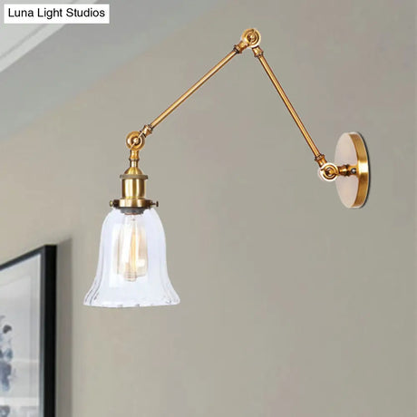 Vintage Style Brass Flared Wall Lighting With Clear Textured Glass - 1 Light Sconce Fixture For