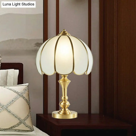 Vintage Style Brass Nightstand Lamp With Scalloped Opaque Glass Ideal For Bedroom Table Light